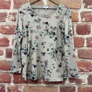J Jill PureJill Top Women's SP Gray Floral Pima Cotton Casual Stretchy Shirt